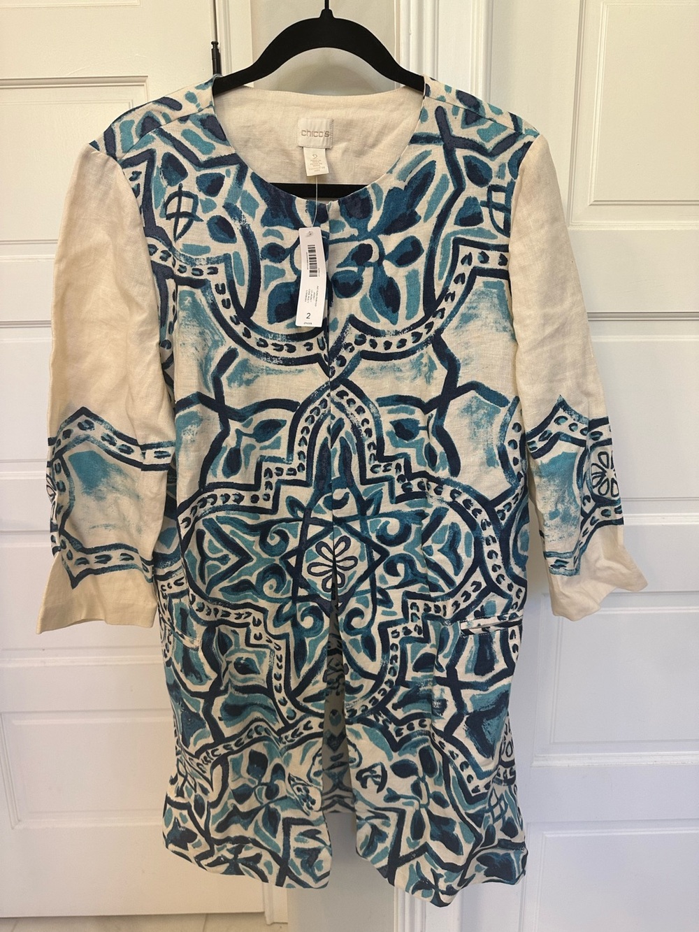 NEW Chico’s 2 / L 100% Linen Jacket Artisan Print Open Front Duster Blue 3/4 Slv